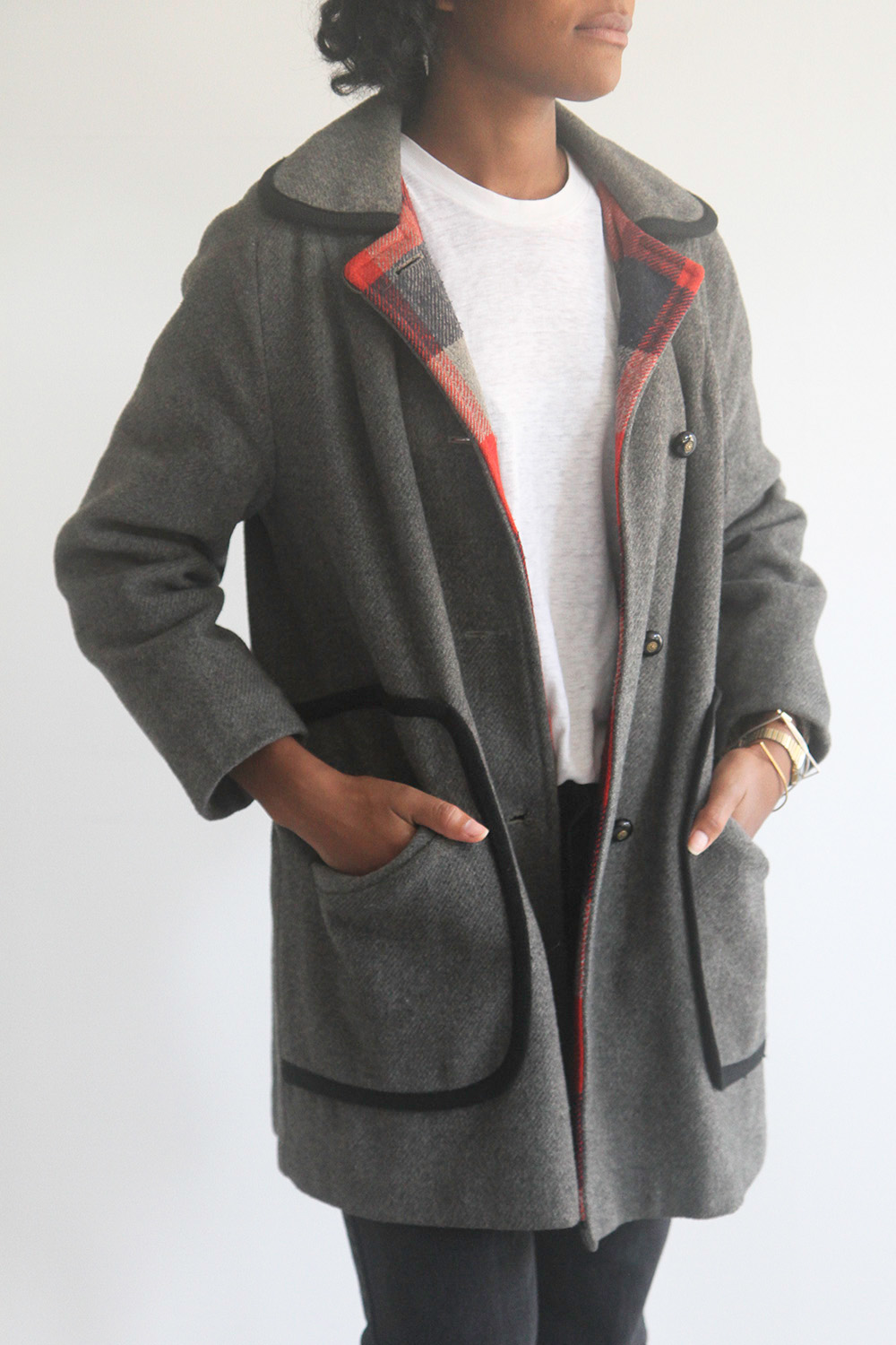 Rawson Vintage Grey Wool Coat with Black Piping Garmentory