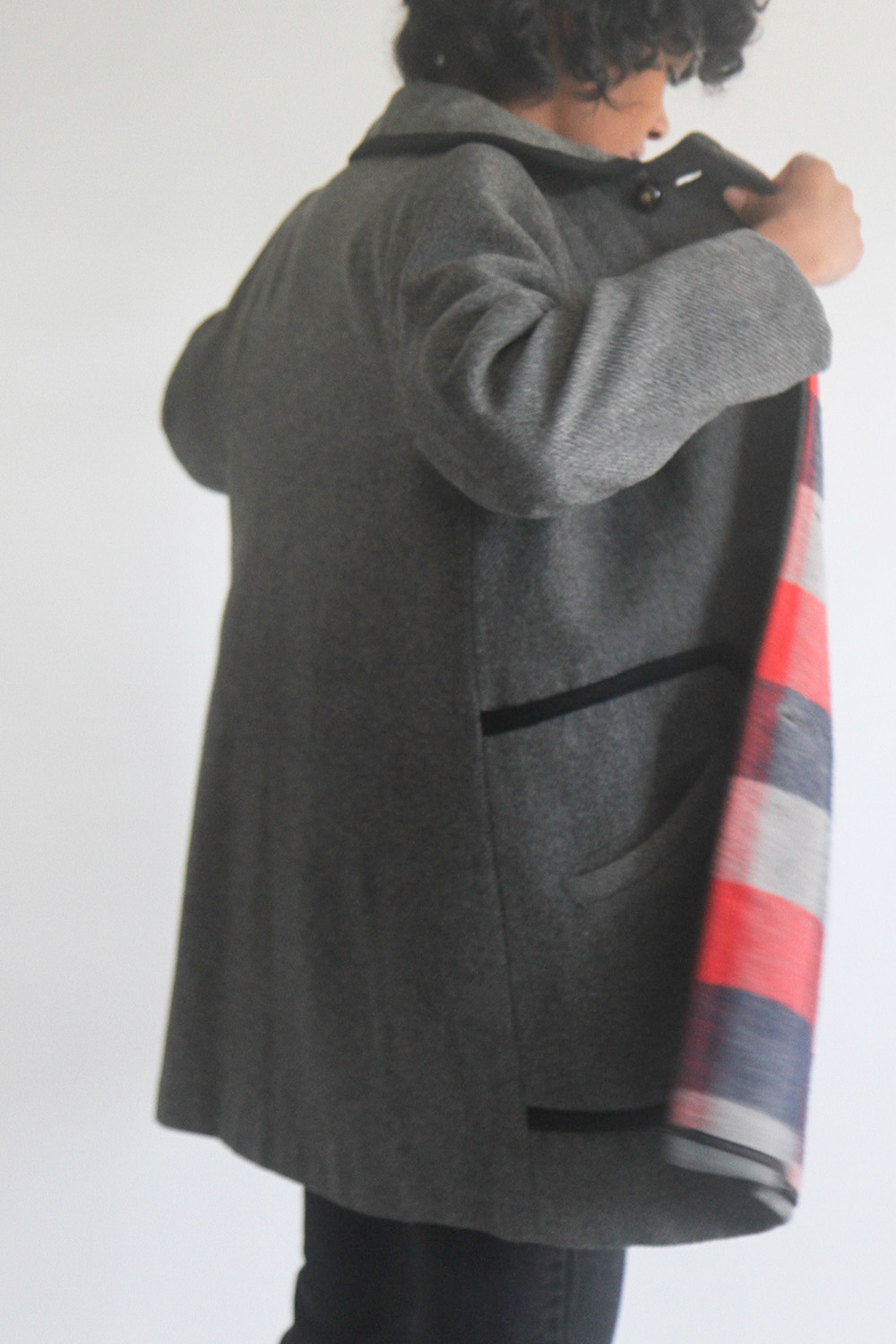 Rawson Vintage Grey Wool Coat with Black Piping Garmentory