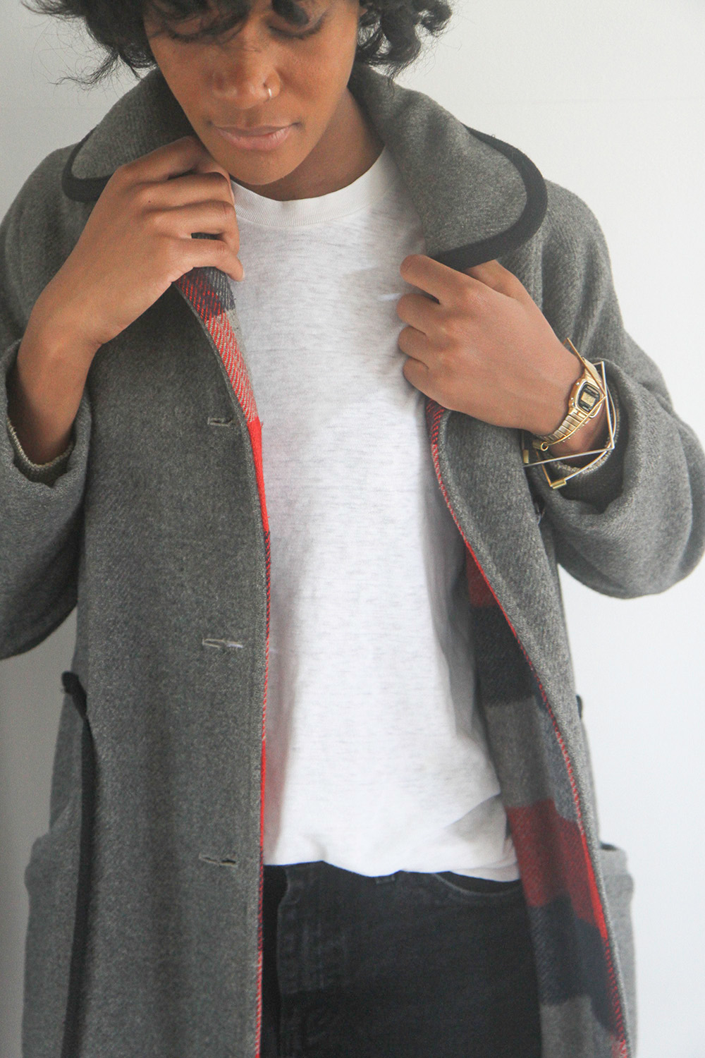 Rawson Vintage Grey Wool Coat with Black Piping Garmentory