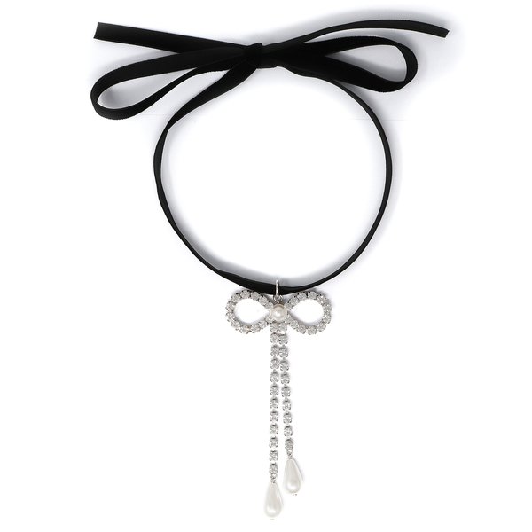 Joomi Lim Velvet Choker w/ Long Crystal Bow & Pearls - Rhodium Joomi Lim Velvet Choker w/ Long Crystal Bow & Pearls - Rhodium