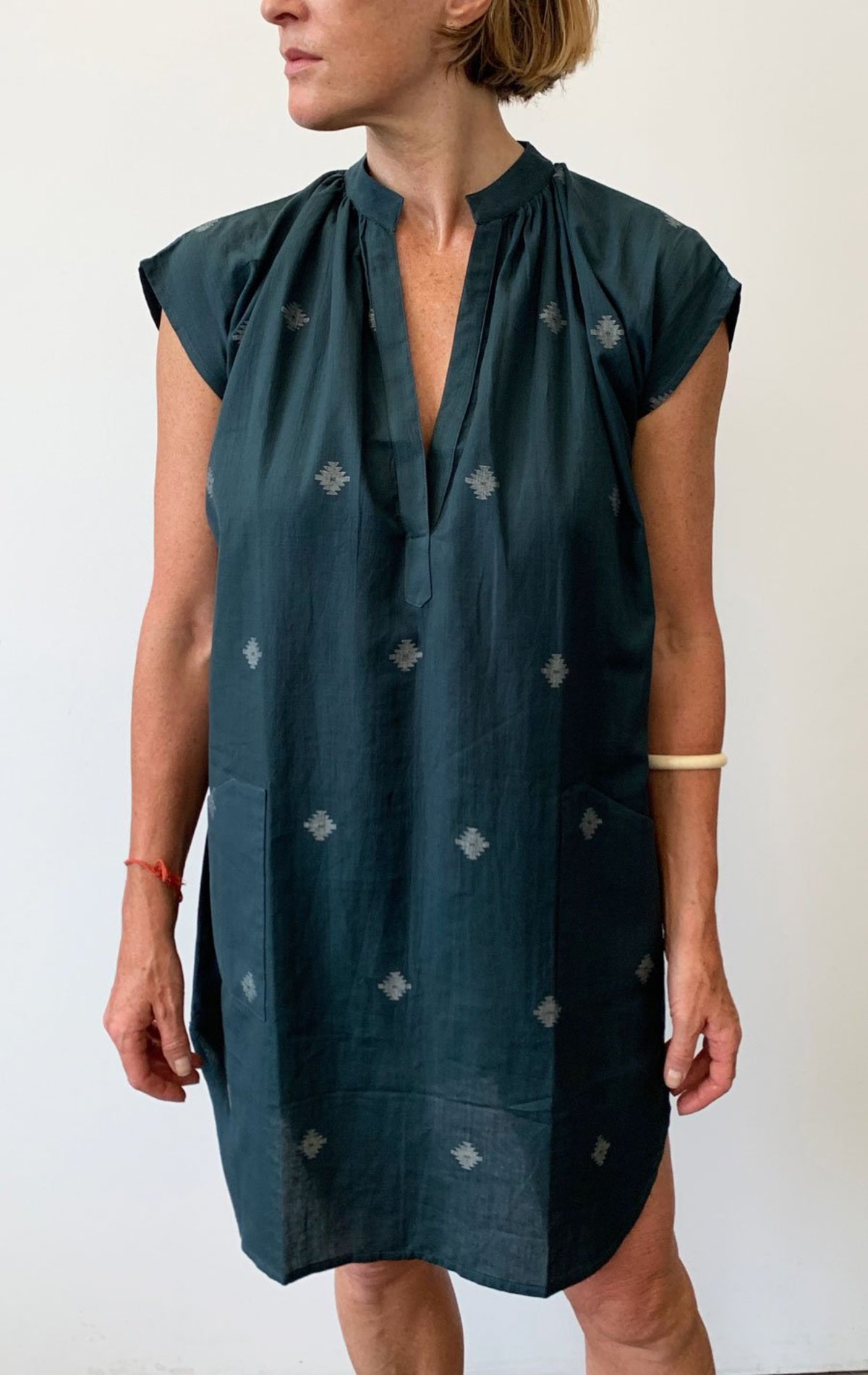 White and Blue Handwoven Khadi Cowl Tunic Dress