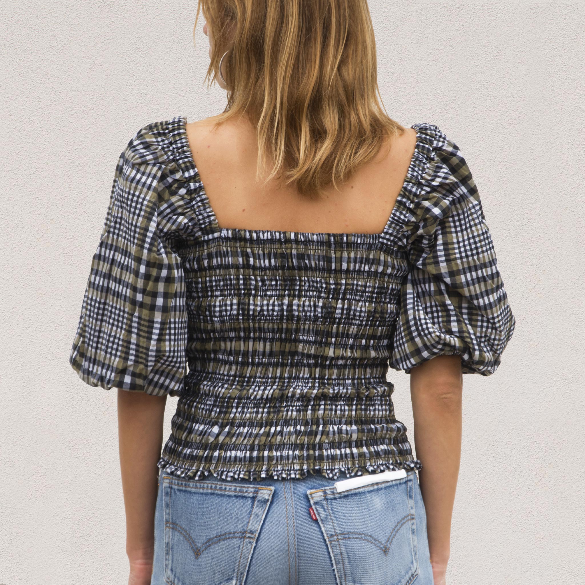 Liyana Seersucker Smocked Top in Brown/White