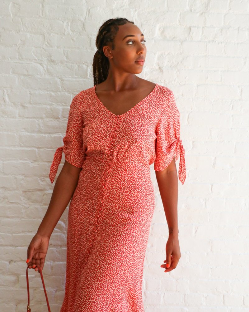 faithfull the brand red floral dress Marais Midi Dress Cecile Floral Garnet