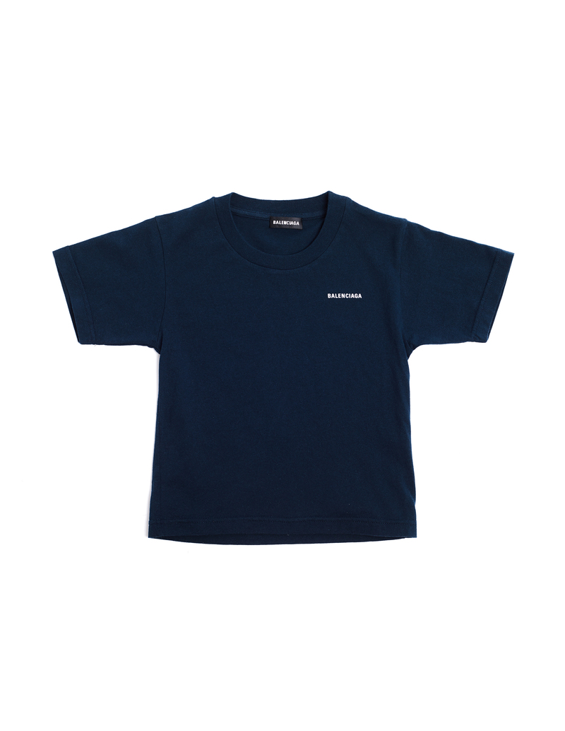 Balenciaga Kids Navy Blue Logo Printed T-Shirt | Garmentory