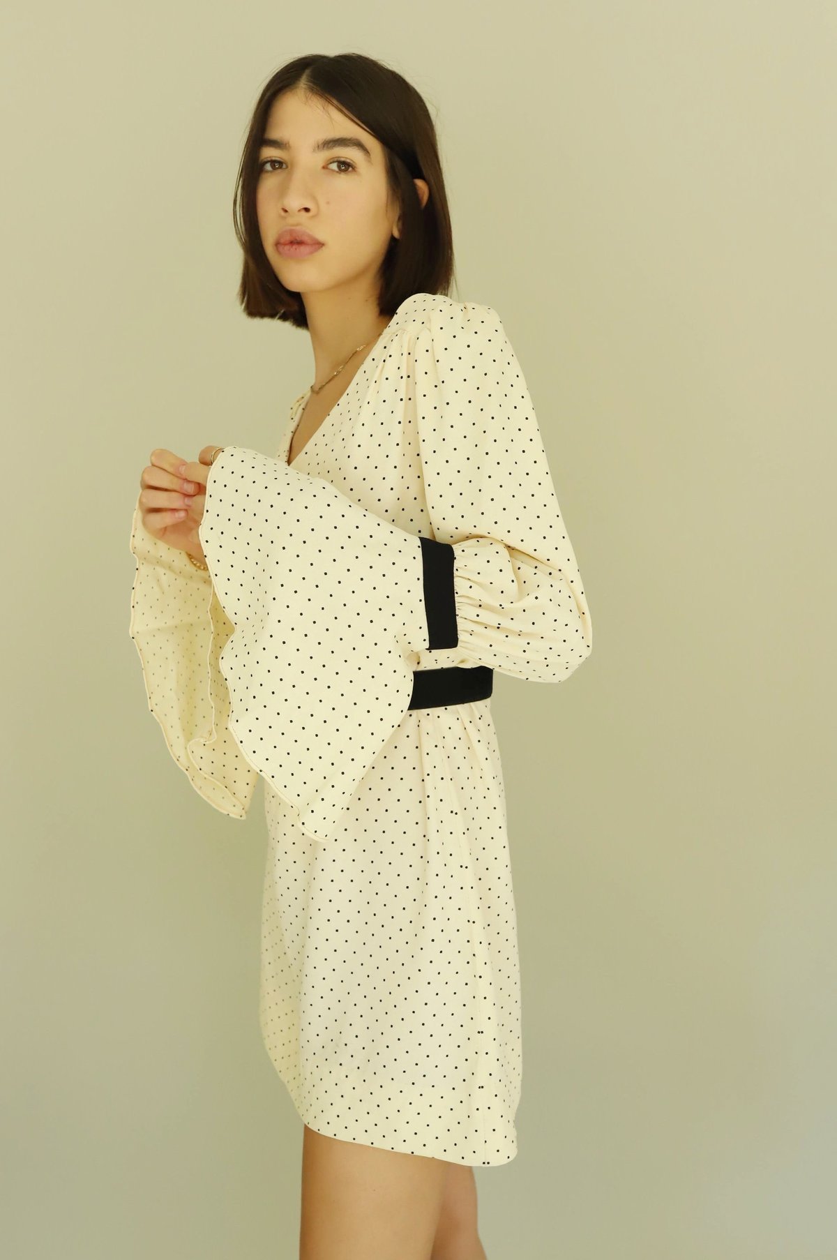 green emerald velvet dress Retro Stage Floral Flared Long Sleeve Mini Dress with Belt in Beige main image 0