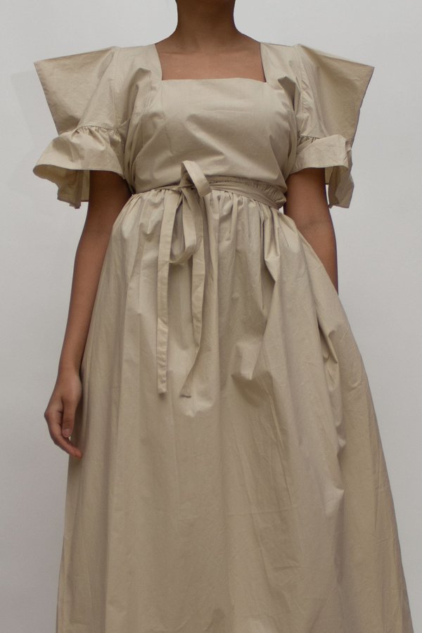 W A N T S Puff Sleeves Tied Midi Dress - Beige | Garmentory