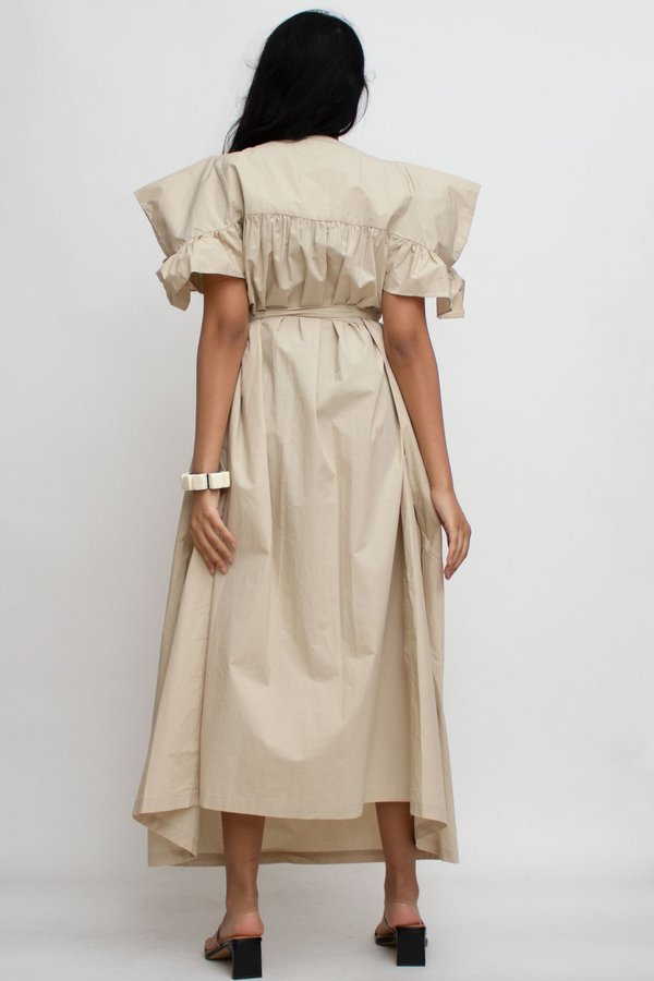 W A N T S Puff Sleeves Tied Midi Dress - Beige | Garmentory W A N T S Puff Sleeves Tied Midi Dress - Beige | Garmentory