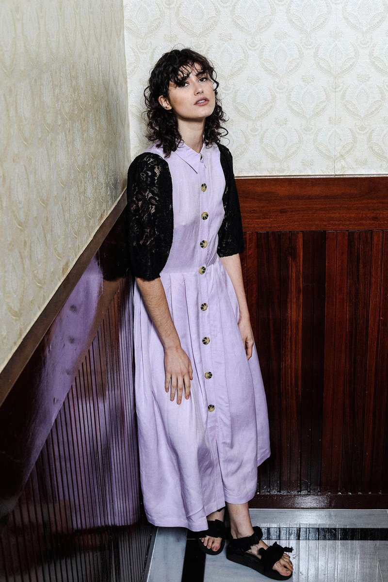 SALASAI SCARLET DRESS IN LINEN AND LACE - LILAC/BLACK
