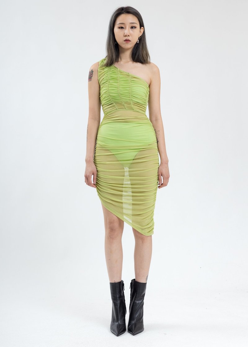 Danielle Guizio One Shoulder Ruched Dress - Lime