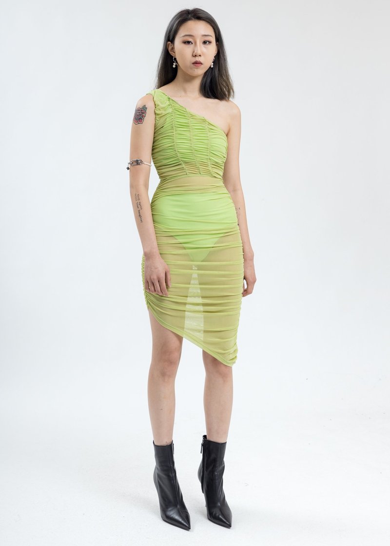 grey suit with green dress Lime-Green Velvet Ruched-Front Midi-Dress