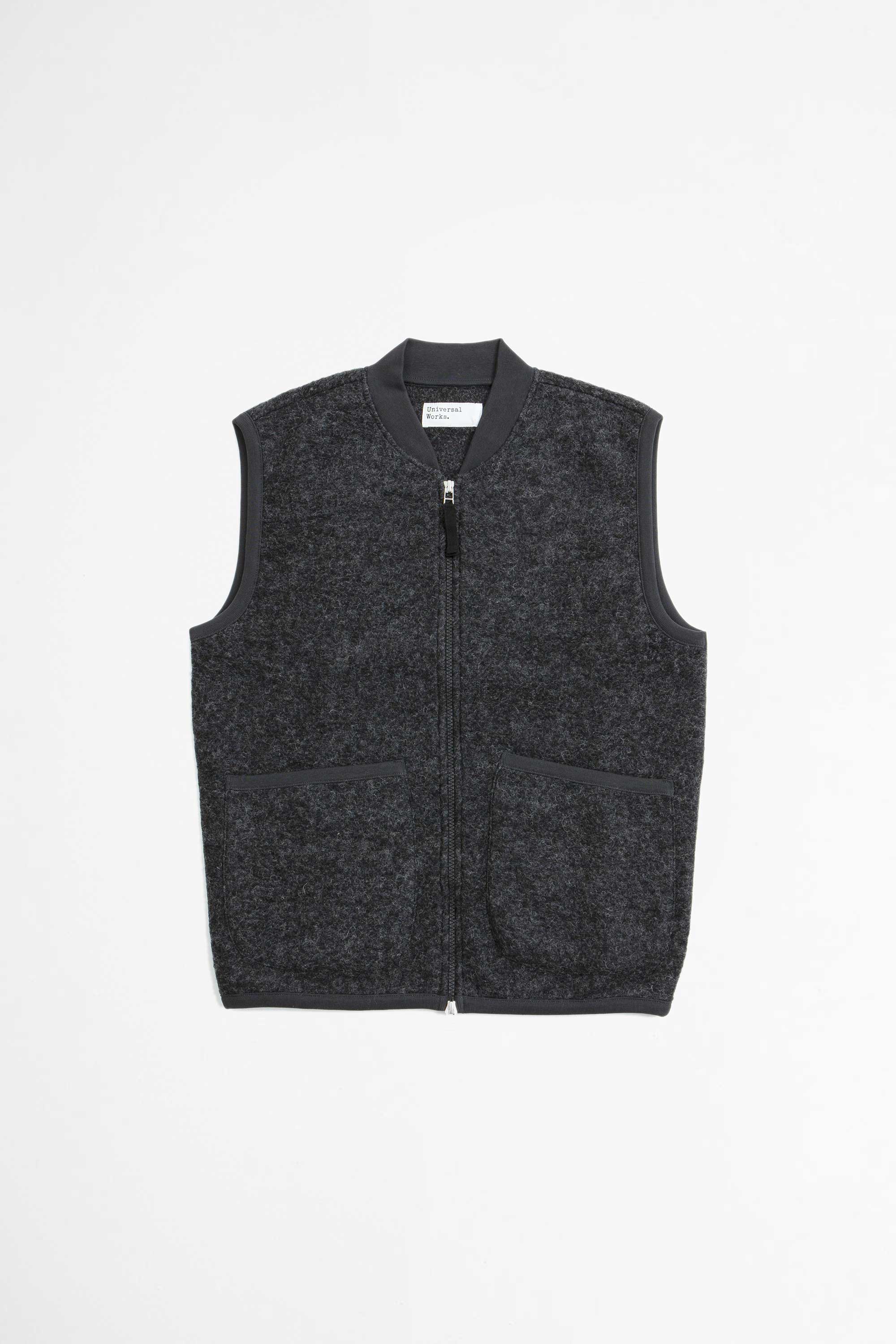 Universal Works Zip Waistcoat Wool Fleece Vest Charcoal Garmentory