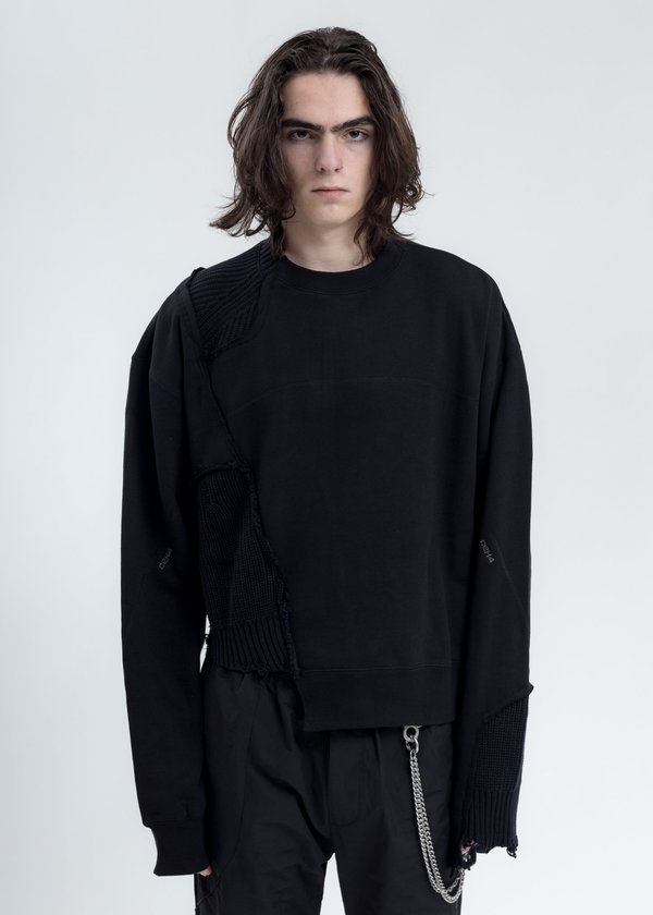 C2H4 Distressed Paneled Crewneck - Black C2H4 Distressed Paneled Crewneck - Black