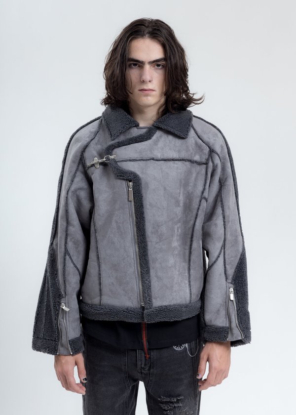 C2H4 Paneled Streamline Shearling Jacket - Grey C2H4 Paneled Streamline Shearling Jacket - Grey