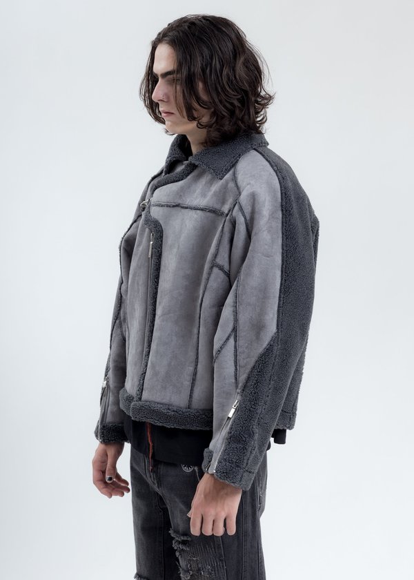 C2H4 Paneled Streamline Shearling Jacket - Grey C2H4 Paneled Streamline Shearling Jacket - Grey
