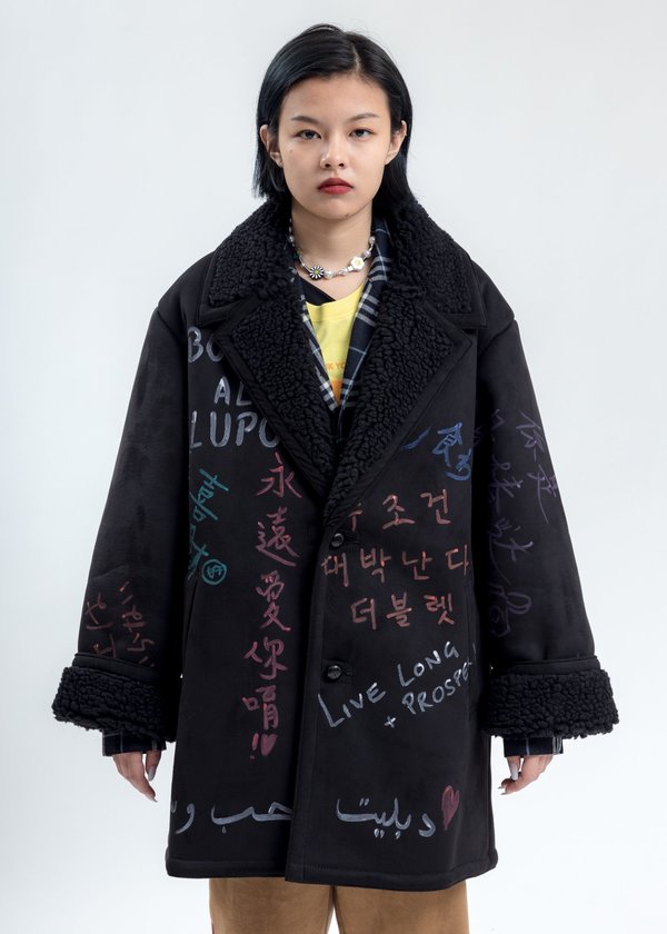 Doublet Message Hand Painted Mouton Coat - Black Doublet Message Hand Painted Mouton Coat - Black