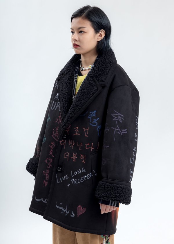 Doublet Message Hand Painted Mouton Coat - Black Doublet Message Hand Painted Mouton Coat - Black