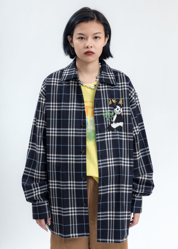 Doublet Puppet Animal Embroidery Check Shirt - Navy Doublet Puppet Animal Embroidery Check Shirt - Navy