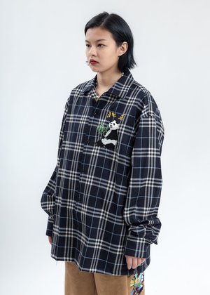 Doublet Puppet Animal Embroidery Check Shirt - Navy Doublet Puppet Animal Embroidery Check Shirt - Navy