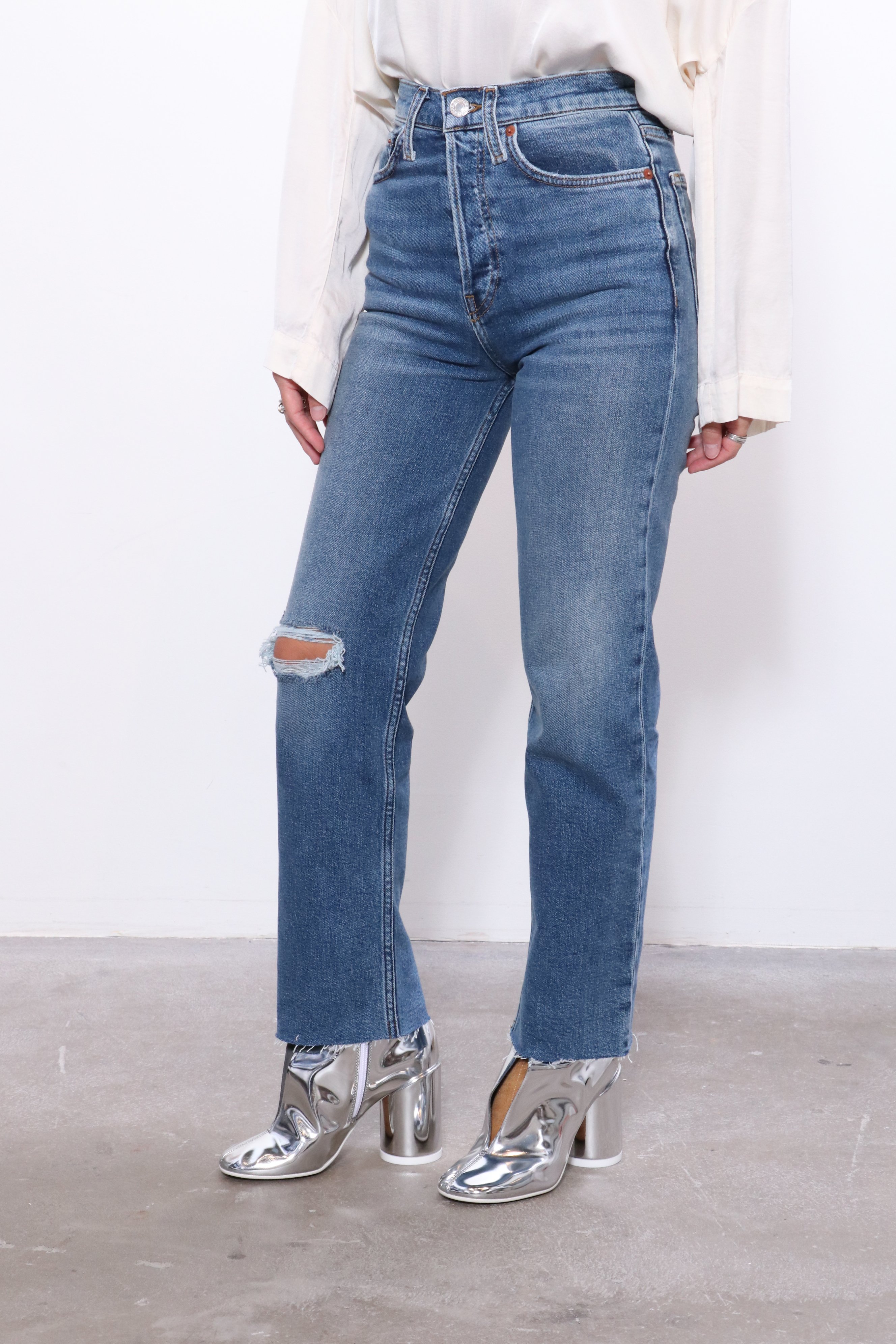 RE/DONE Ultra High Rise Stove Pipe Jean Vintage Indigo Destroy