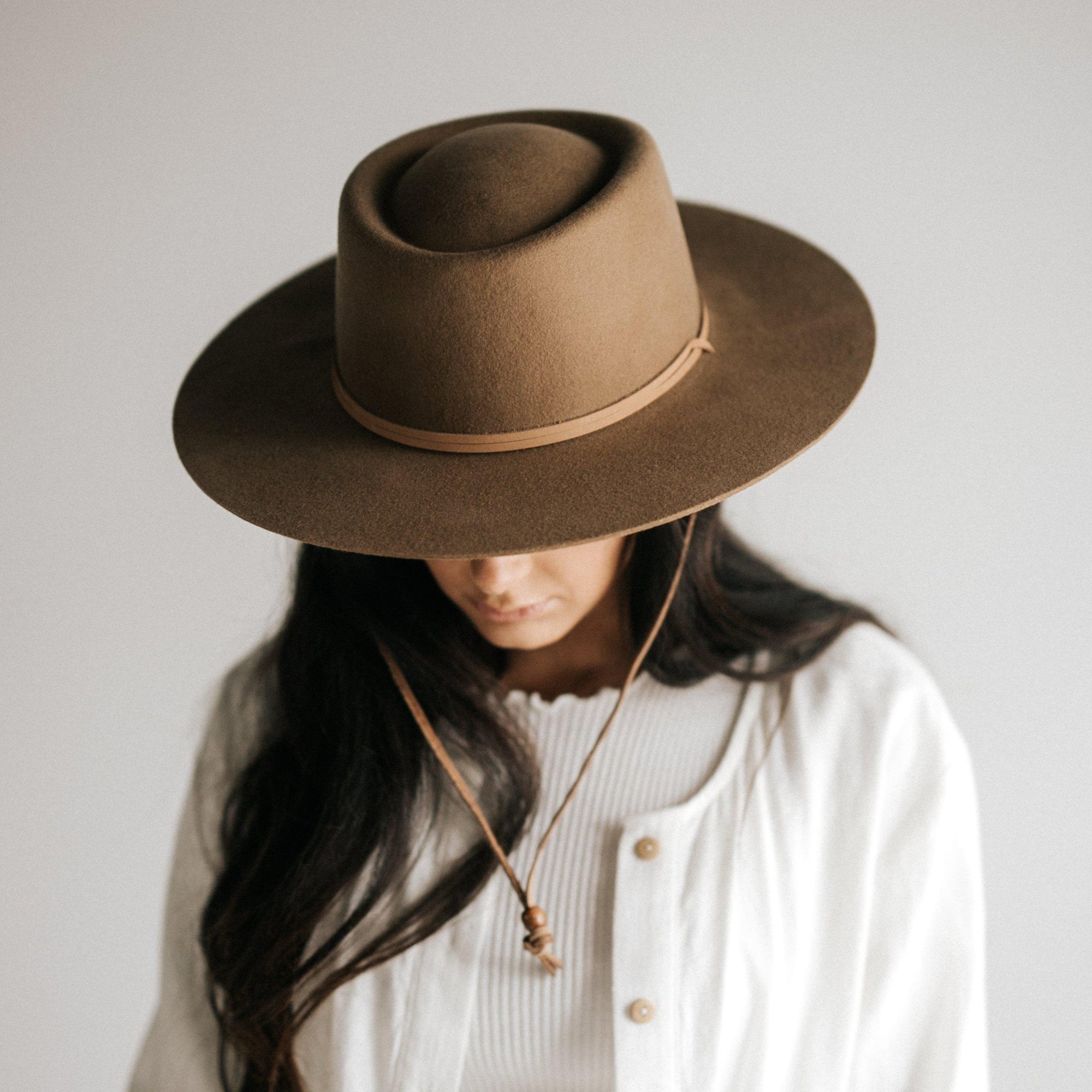 Gigi Pip Flat Brim Hat S/M Sz 57 100% Australian Wool Wren Brown Chin Strap Felt GiGi Pip Wren Telescope Hat - Brown | Garmentory main image 4