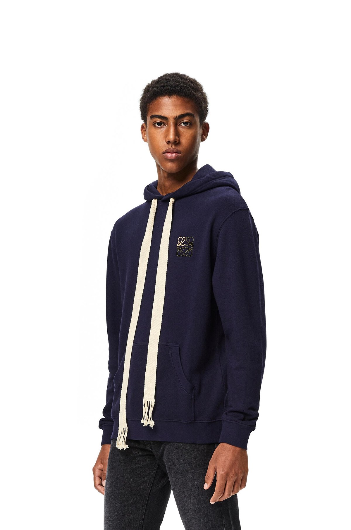 LOEWE Cotton Embroidered Anagram Hoodie - Navy Blue | Garmentory