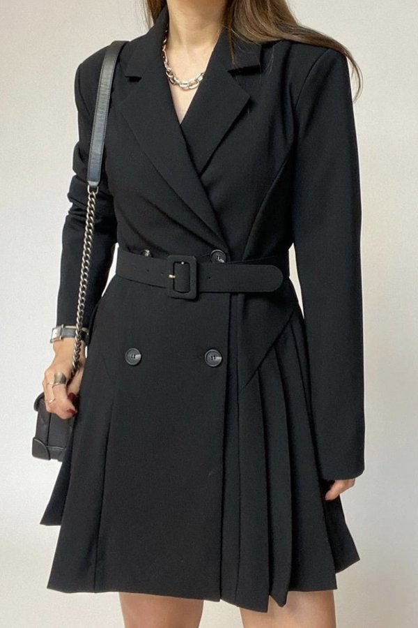 belted blazer dress black Noir toile Belted Blazer Dress  Rouxelle