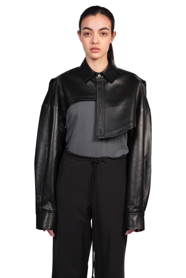 Black Asymmetric Cropped Leather Jacket | Garmentory