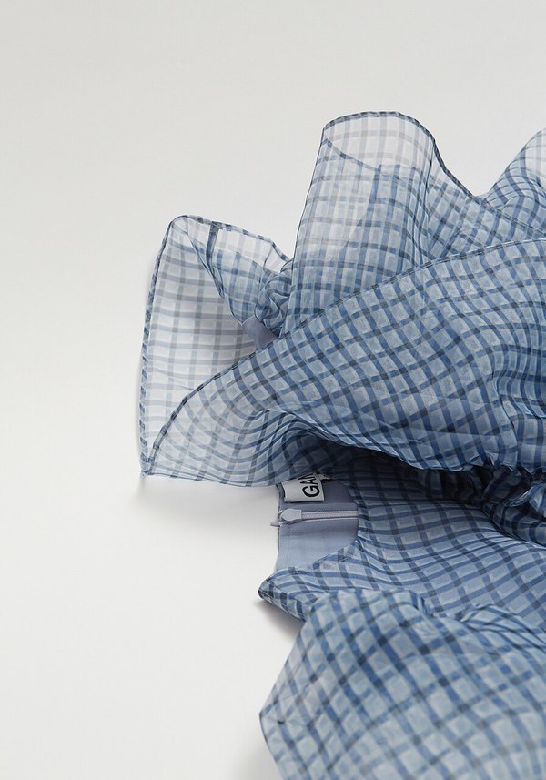 ganni organza dress blue Ganni BLUE FLORAL CRINKLED SATIN LONG DRESS  Shop at the Mix
