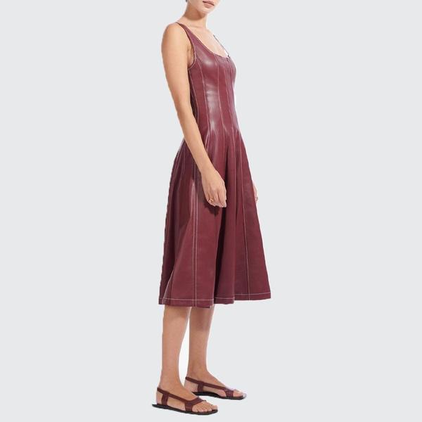 spree dress burgundy SOFIA FRINGE HIGH SLIT MIDI DRESS IN BURGUNDY – AKIRA main image 0