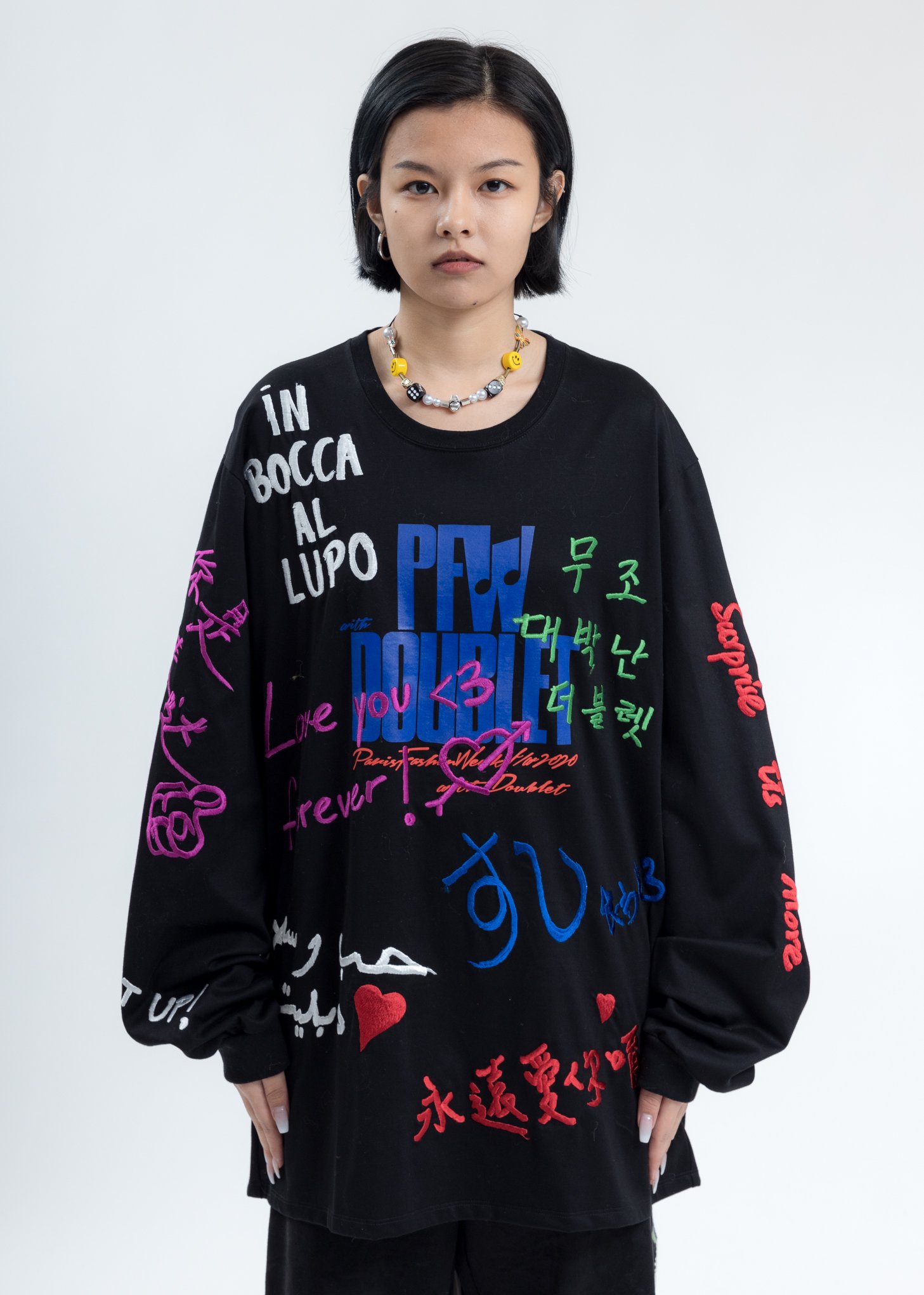 トップス doublet MESSAGE EMBROIDERY LONG SLEEVE Doublet Message Embroidery Long Sleeve - Black | Garmentory