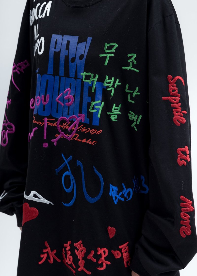トップス doublet MESSAGE EMBROIDERY LONG SLEEVE Doublet Message Embroidery Long Sleeve - Black | Garmentory
