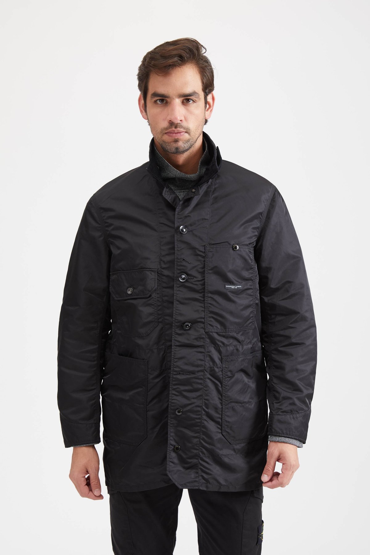 Engineered Garments LONG LOGGER JACKET FLIGHT SATIN NYLON - BLACK