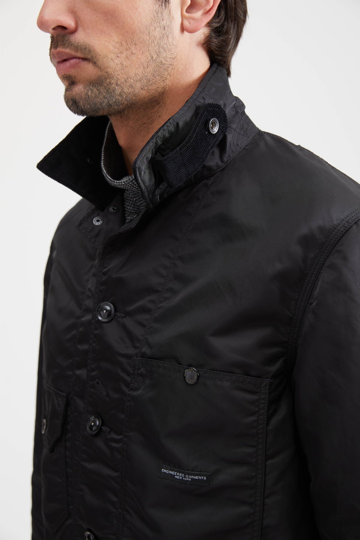 Engineered Garments LONG LOGGER JACKET FLIGHT SATIN NYLON - BLACK