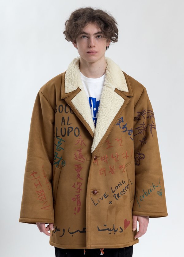 Doublet Message Hand-Painted Mouton Coat - Camel | Garmentory Doublet Message Hand-Painted Mouton Coat - Camel | Garmentory
