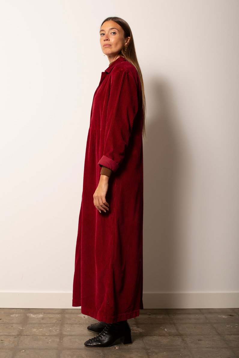 Vintage Red Stand Lace Collar Corduroy Dress
