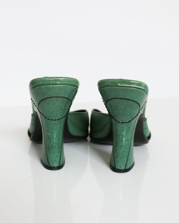 pre-loved] Prada Peep Toe Mules - Green | Garmentory