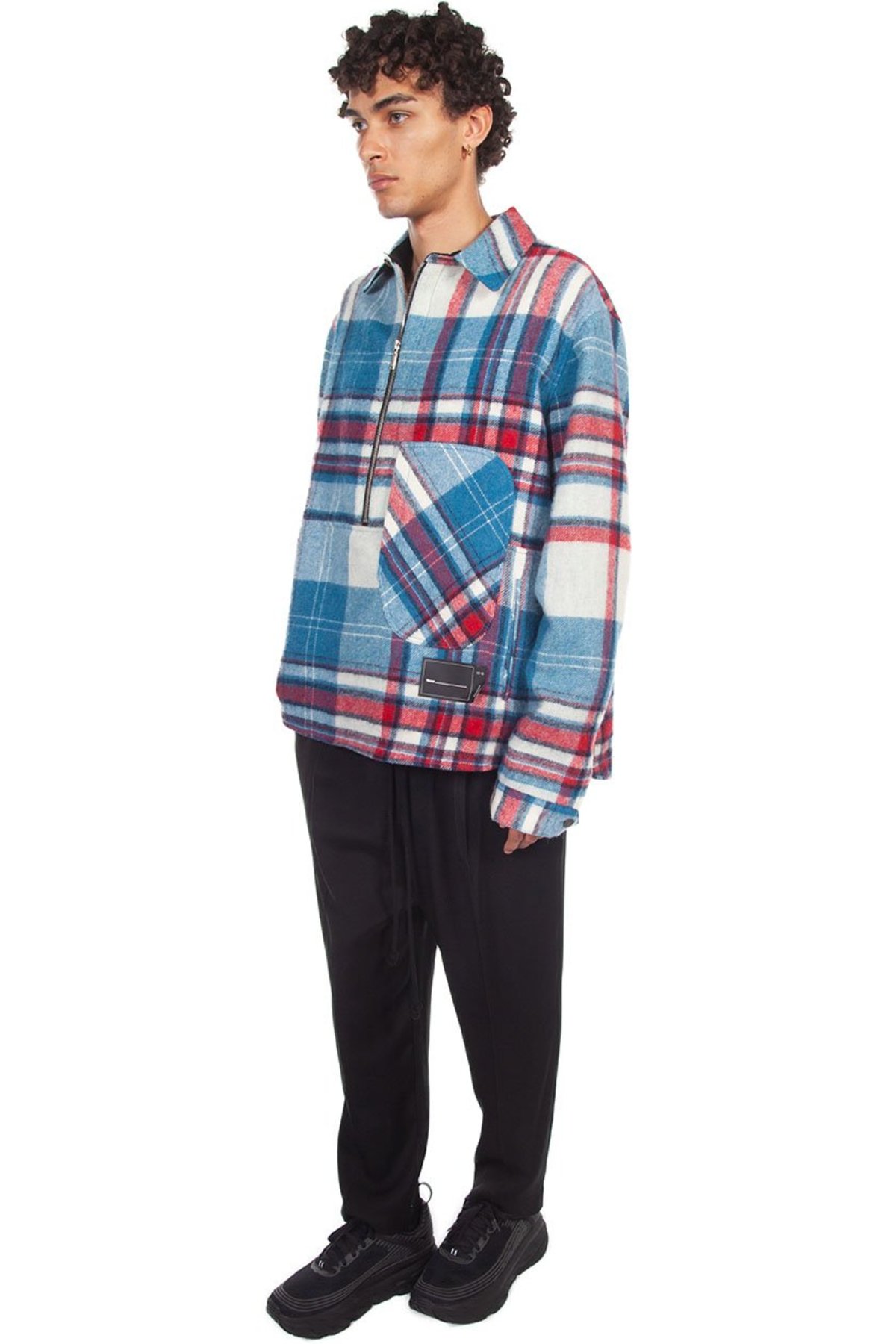we11done Wool Check Half-Zip Anorak Shirt - Blue Multi | Garmentory