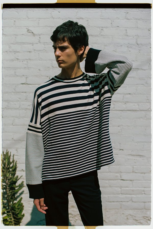 Ecru & Navy Striped Knit Cotton Cashmere Oversized Sweatshirt