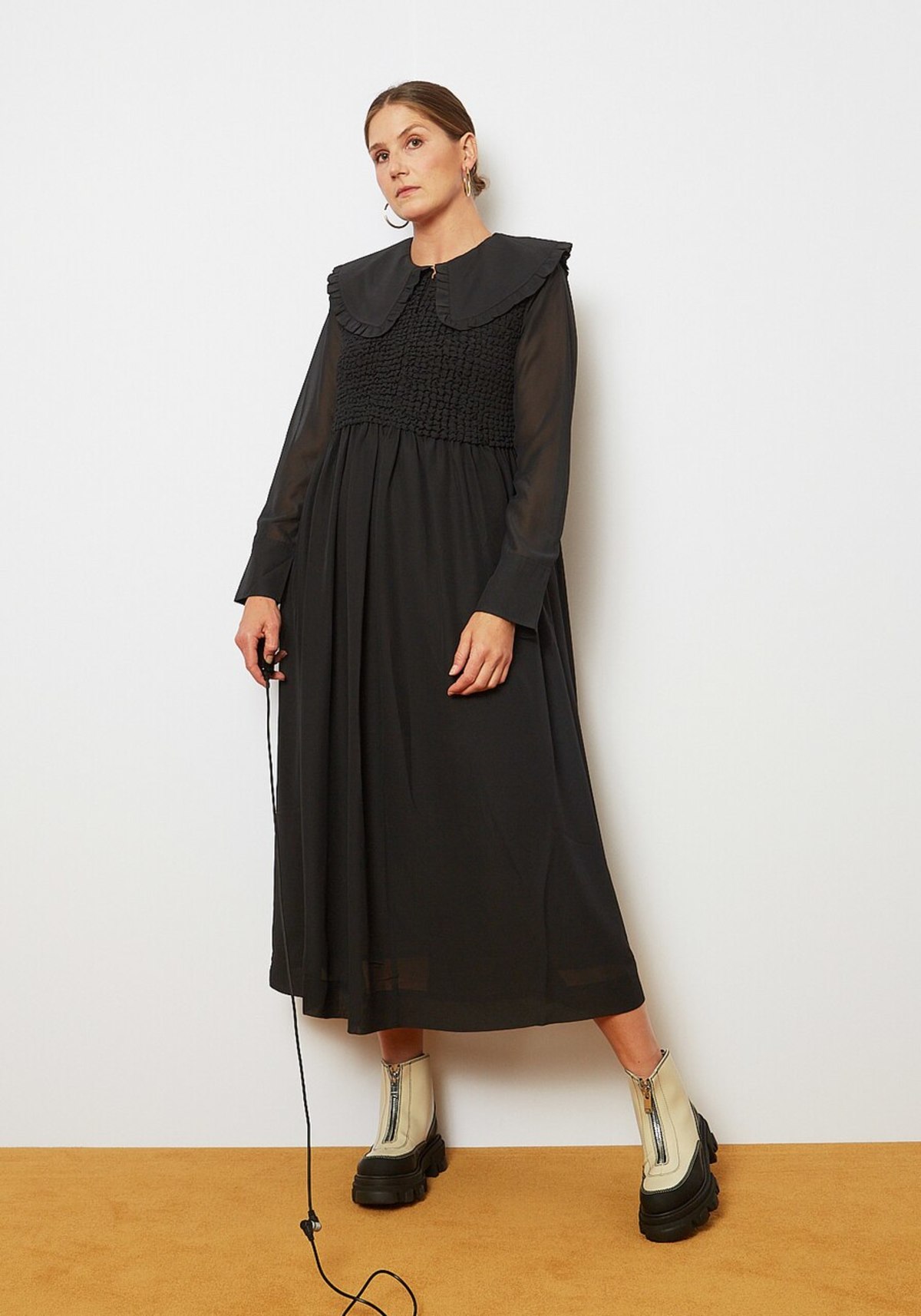 ganni smocked chiffon dress Ganni Smocked Chiffon Dress - Phantom