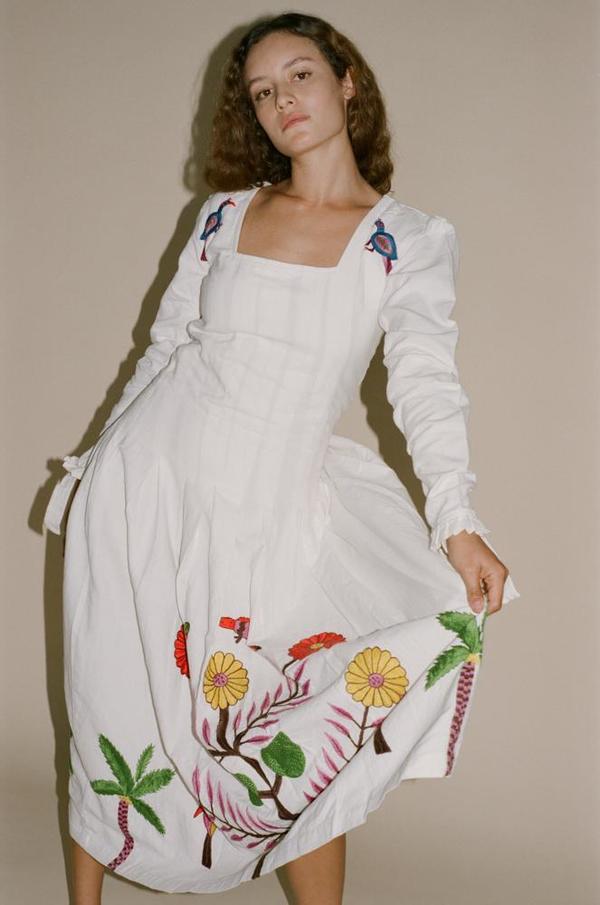 Tigra Tigra Hand-Embroidered Tropical Kantha Dress - White | Garmentory