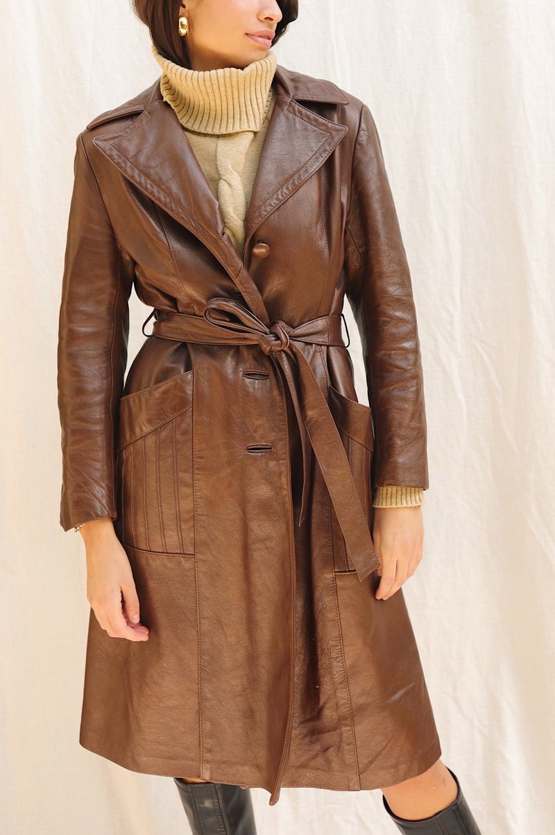 Dear Society Vintage Brown Leather Trench Coat