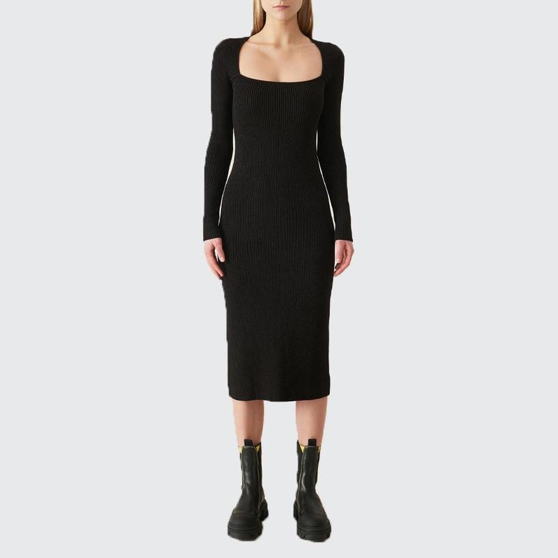 GANNI ガニー Black Melange Knit Dress Ganni Melange Knit Square Neck Dress - Chickory | Garmentory