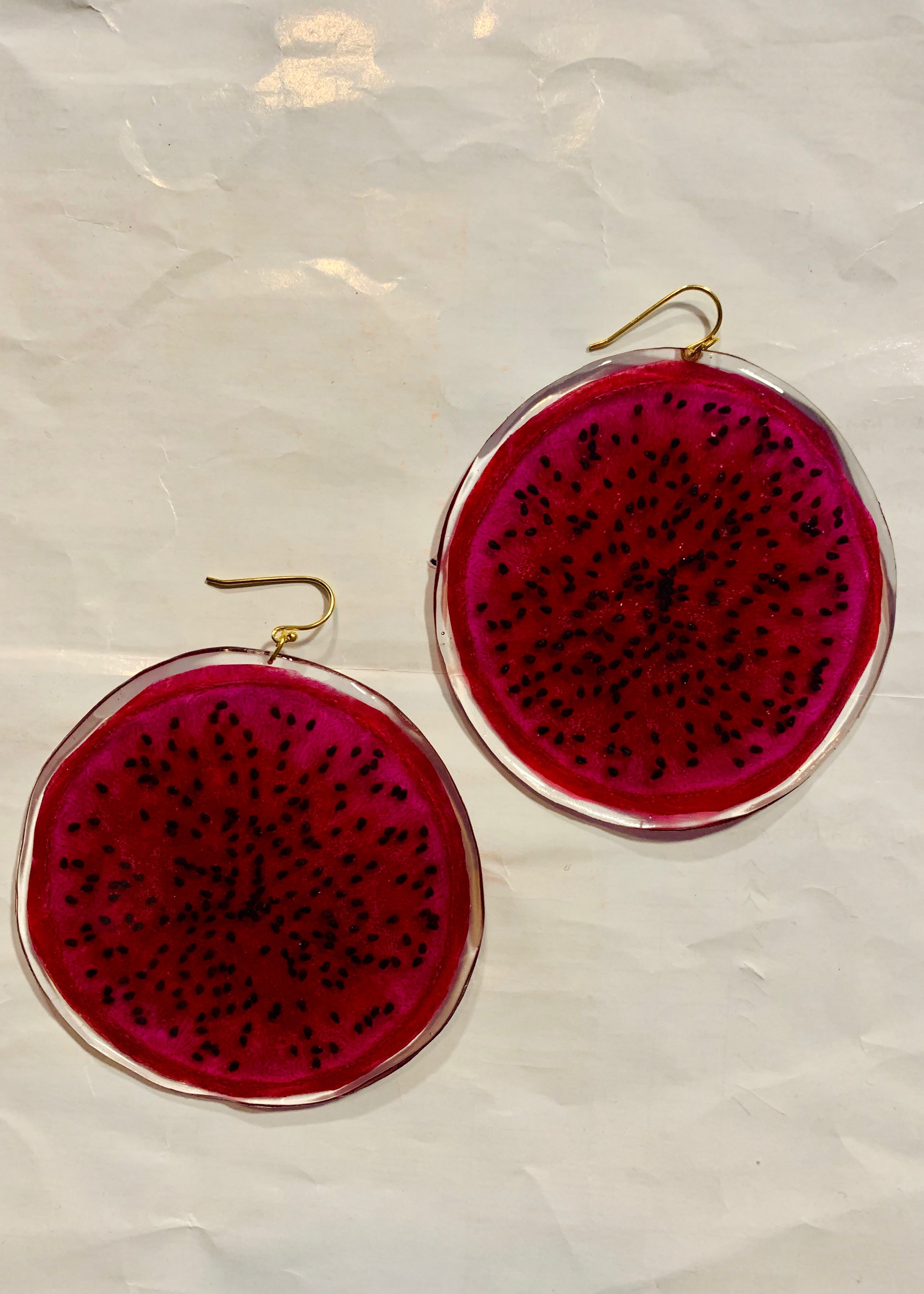 Dragon Fruit Earrings Pair resin/14k gold plated silver