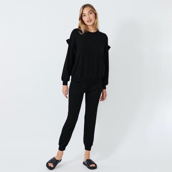 Monrow SUPERSOFT SWEATSHIRT WITH RUFFLE INSERT - BLACK Monrow SUPERSOFT SWEATSHIRT WITH RUFFLE INSERT - BLACK