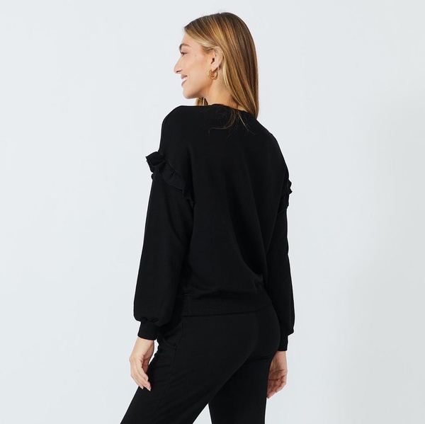 Monrow SUPERSOFT SWEATSHIRT WITH RUFFLE INSERT - BLACK Monrow SUPERSOFT SWEATSHIRT WITH RUFFLE INSERT - BLACK