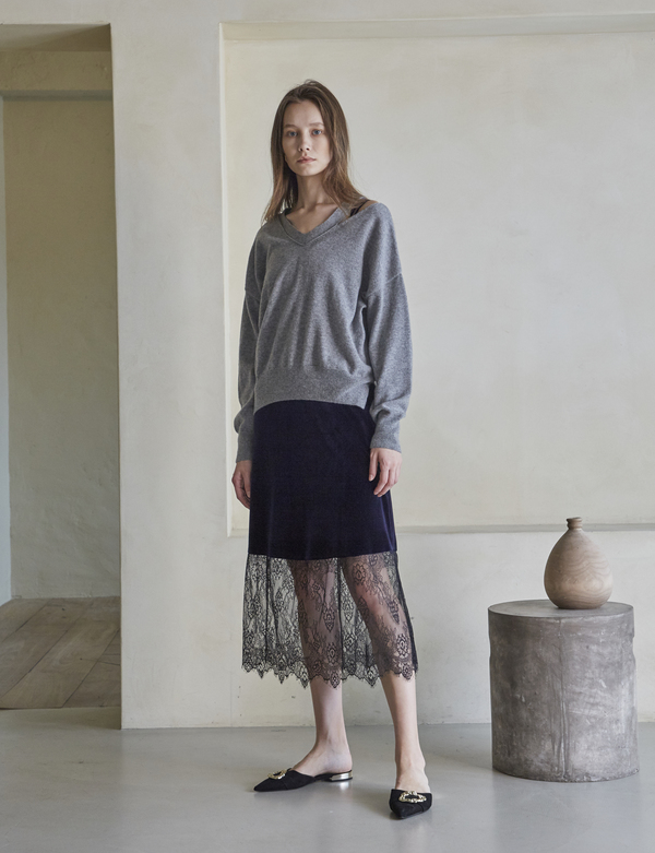 Maison De Ines VELVET LACE SLIP DRESS - NAVY | Garmentory