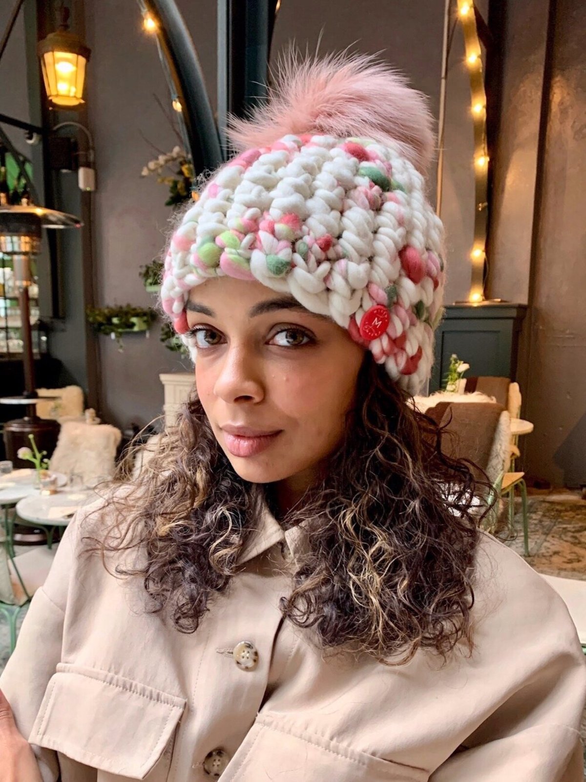 Mischa Lampert melange rosebud beanie pomster + arctic pink 
