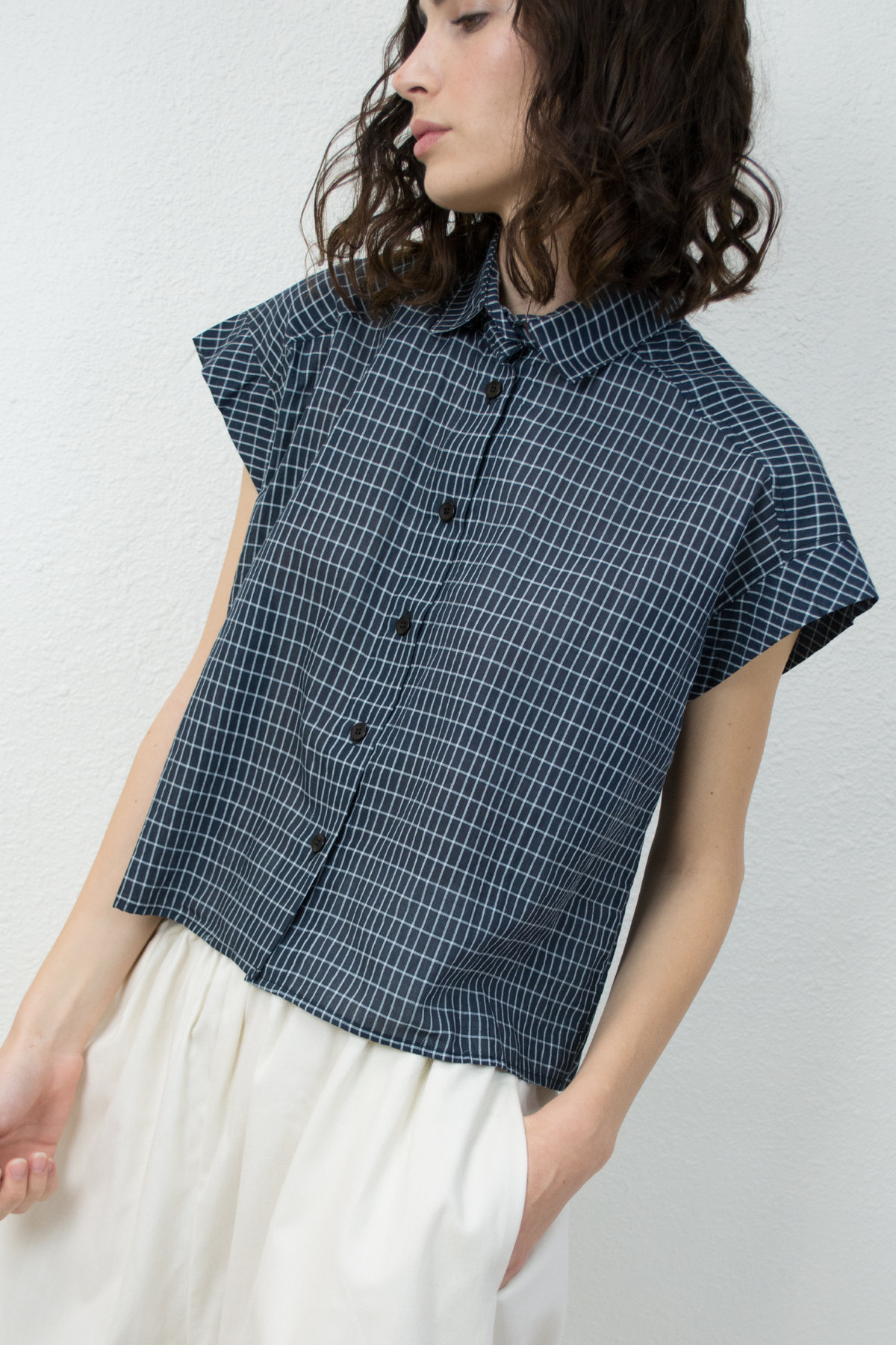 Micaela Greg Grid Piece Sleeve Button Up | Garmentory
