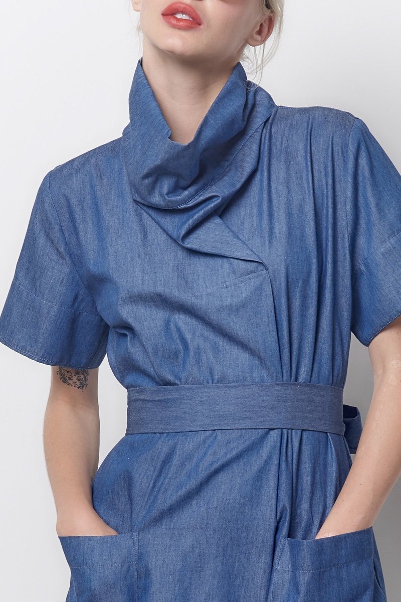 corey lynn calter denim dress Corey Lynn Calter dress Size S blue denim Jean off-shoulder womens