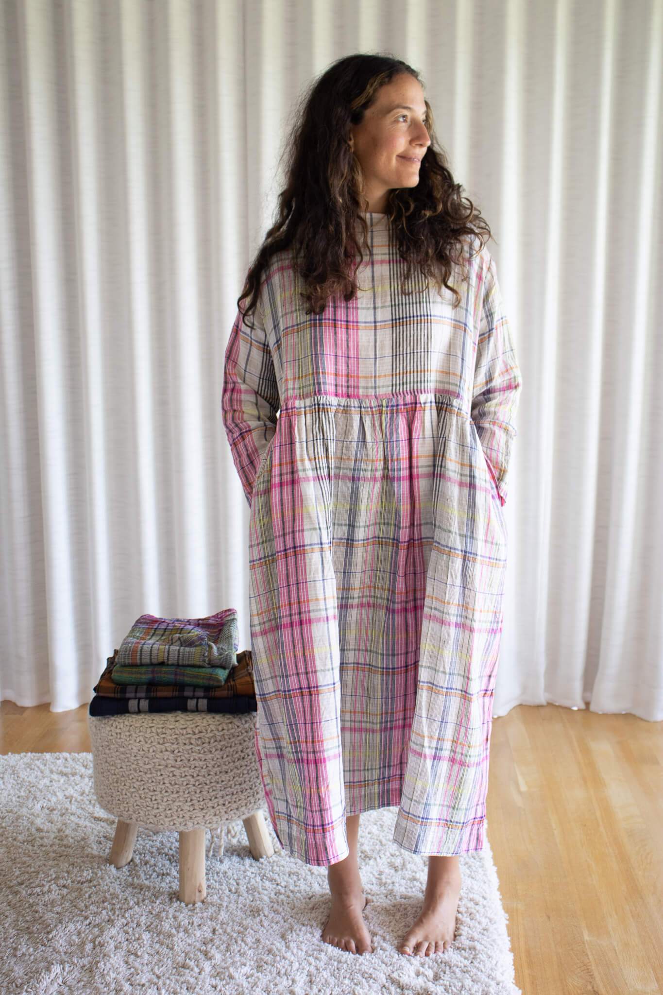 ICHI ANTIQUITES Linen Check Dress - Pink | Garmentory
